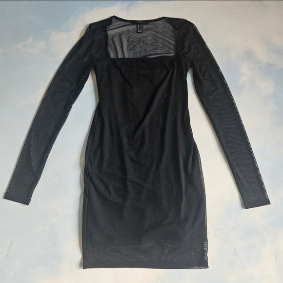 Sheer Black Long Sleeve Dress Mesh Bodycon Black Mini Dress LBD Cocktail Dress - Picture 5 of 13